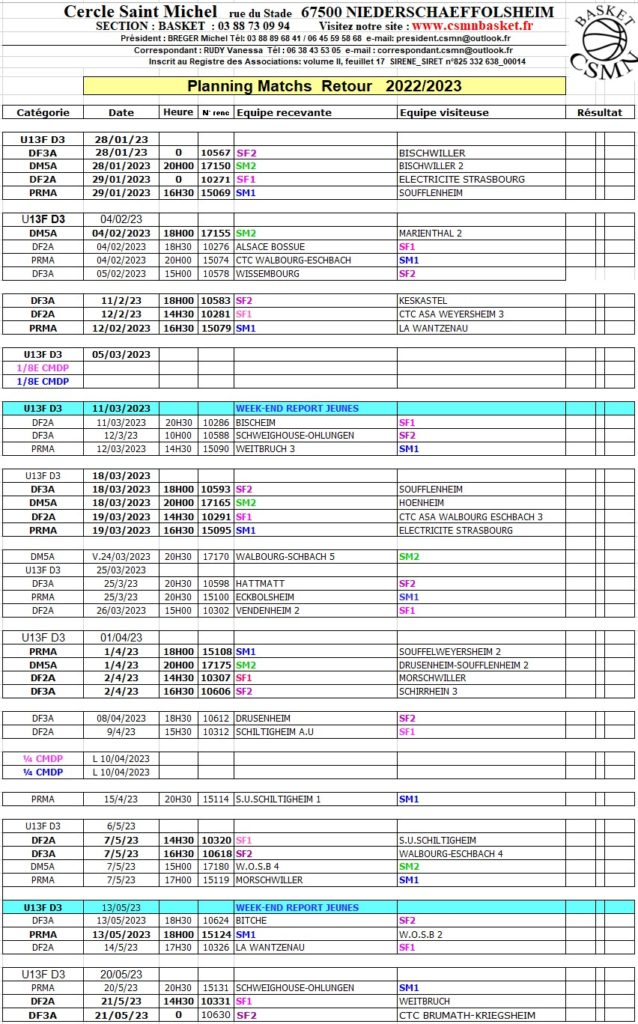 Calendrier des matchs 2022/2023 – CSMN – Basket